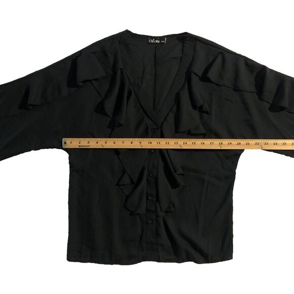 Chic Me Womens Size L Black V-Neck Wavy Edge Butterfly Long Sleeve Blouse - Picture 5 of 9